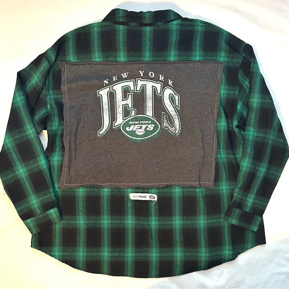 OOAK Upcycled Reworked New York Jets Plaid Flannel Shirt Button Up L Green Black